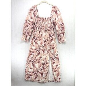 House of Harlow Dress Women L Cream Pink 100% Linen Midi Fit and Flare Coquette